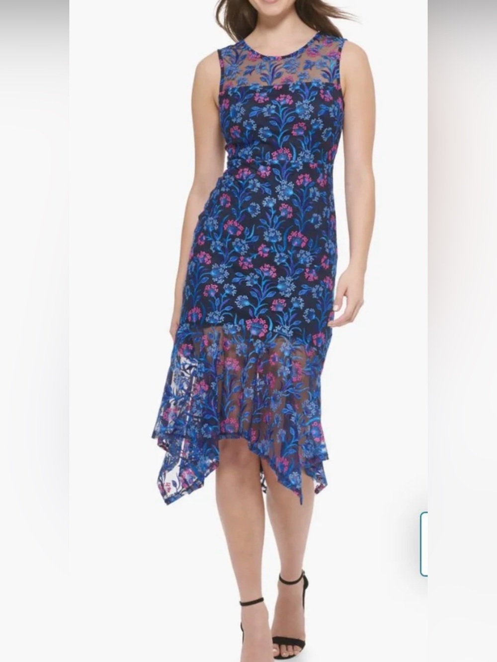 NWT Kensie Floral Embroidered Mesh Midi Dress Black Blue Pink Size 2